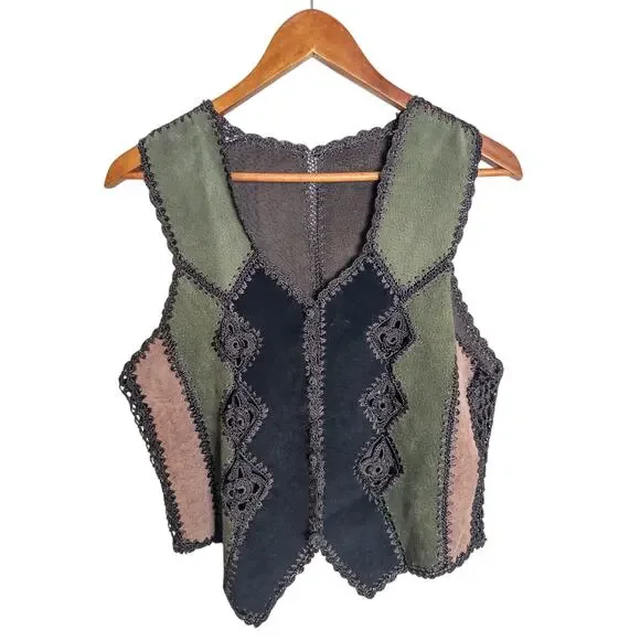 Vintage Patchwork Suede Leather Look Vest Crochet Trim Boho Western Medium